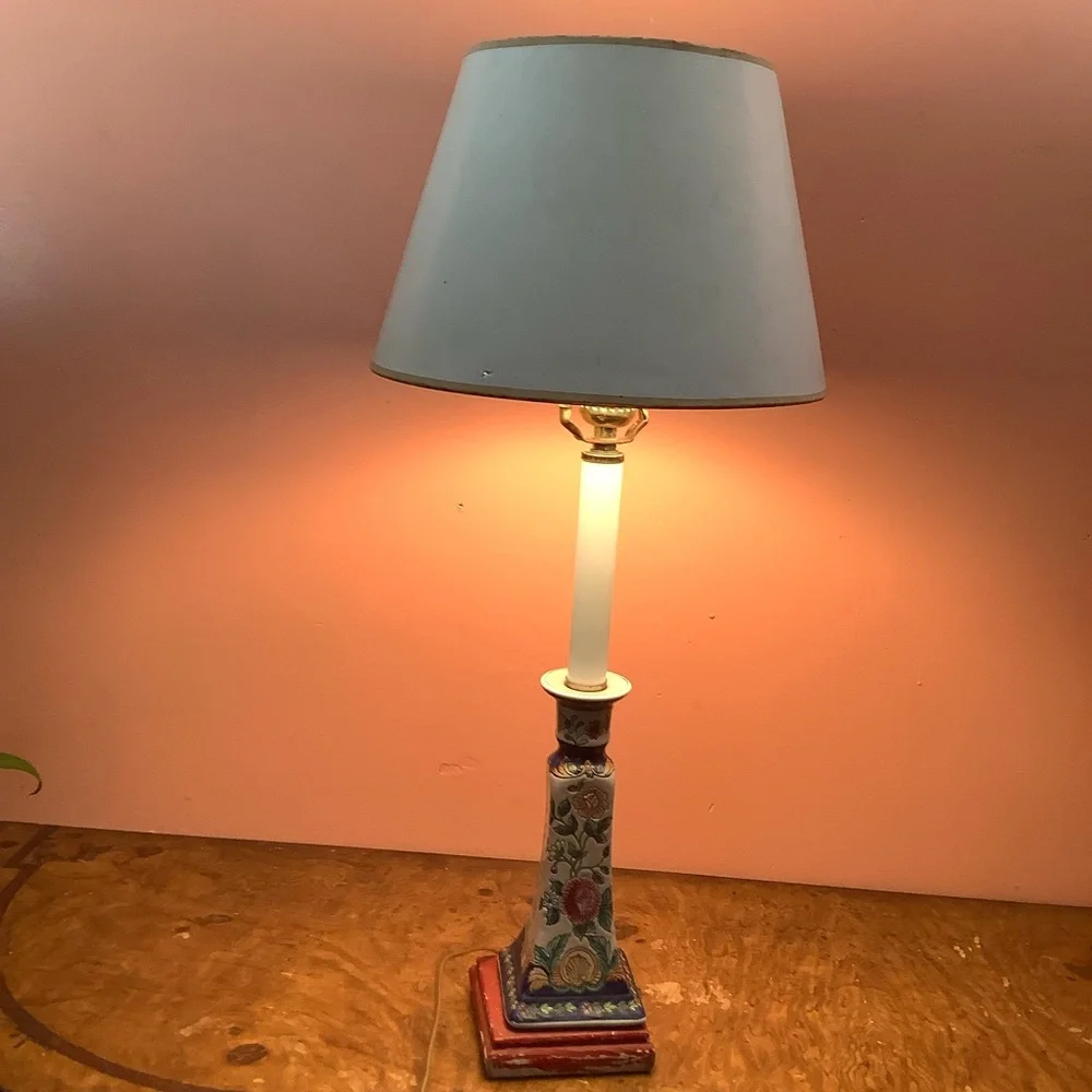 24” Table Lamp Floral Ceramic Wood Base Plain Paper Shade For Restoration